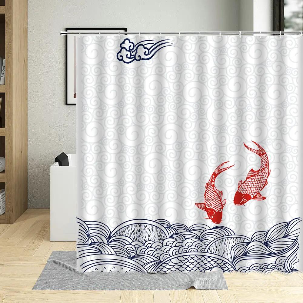 

Chinese Style Goldfish Shower Curtain Set Koi Fish Watercolor Waves Wall Decorate White Cloth Bathroom Curtains Polyester Fabric 90x180cm-35x70in