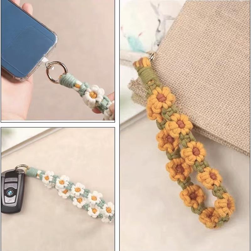 Hand Weave Flowers Wrist Lanyard For Mobile Phone Wristlet Keychain Hanging Strap Keyring Floral Daisy Floral Phone Rope