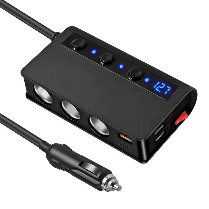 180W Car Charging Adapter Lighter Adapter Splitter Adapter USB Charger with Independent Switches and Voltmeter