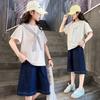 Girls' College Style Set 2026 Summer New Striped Tie T-shirt Clear Color Jeans Middle and Large Children's Two Piece Set