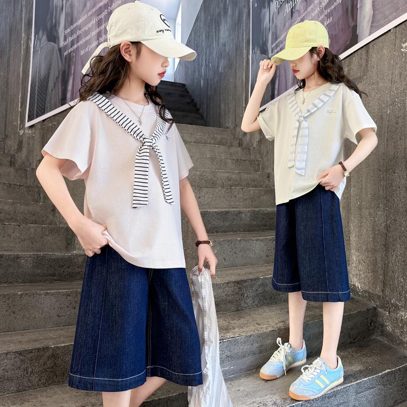 Girls' College Style Set 2026 Summer New Striped Tie T-shirt Clear Color Jeans Middle and Large Children's Two Piece Set
