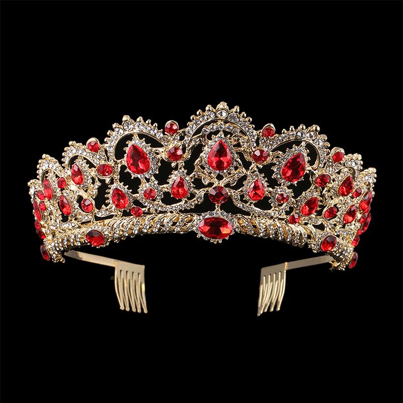 European Drop Green Red Crystal Tiaras Vintage Gold Color Rhinestone Pageant Crowns Comb Baroque Wedding Hair Accessories