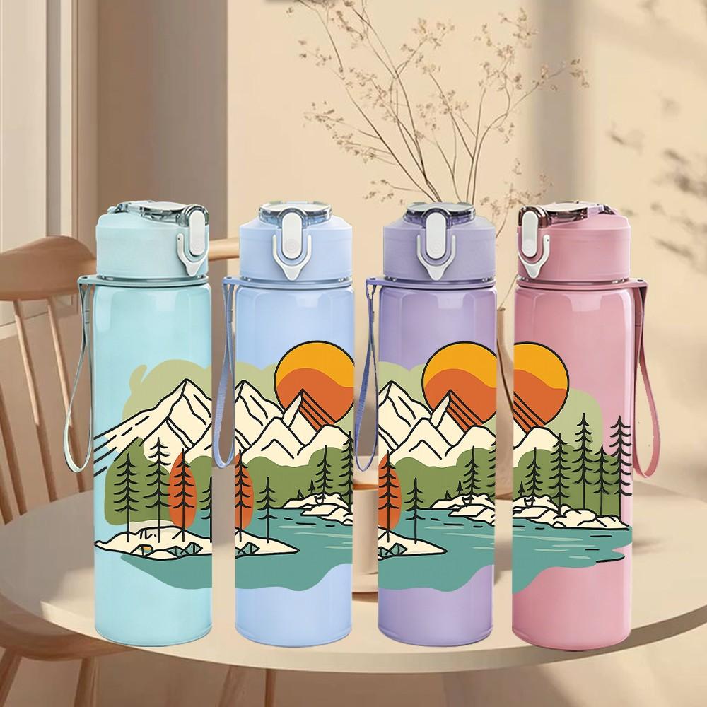 1PC Mountain Lake Retro Landscape Print 750ml Color Plastic Sports Water Bottle Leakproof Flip Straw Lid Suitable for Sports Office Home Use
