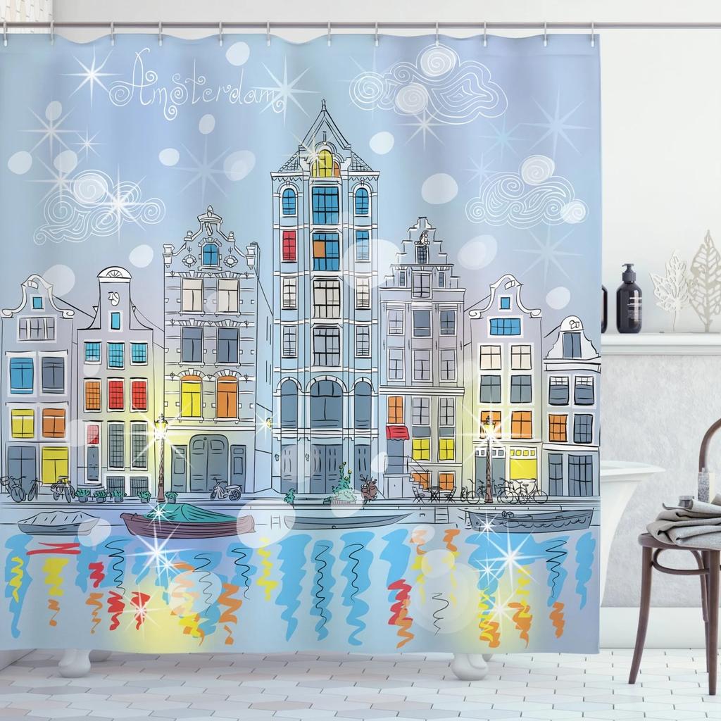 Building Shower Curtain Cityscape Urban Architecture Geometry Modern Art Bathroom Decor Bathtub Shower Curtain Liner With Hooks