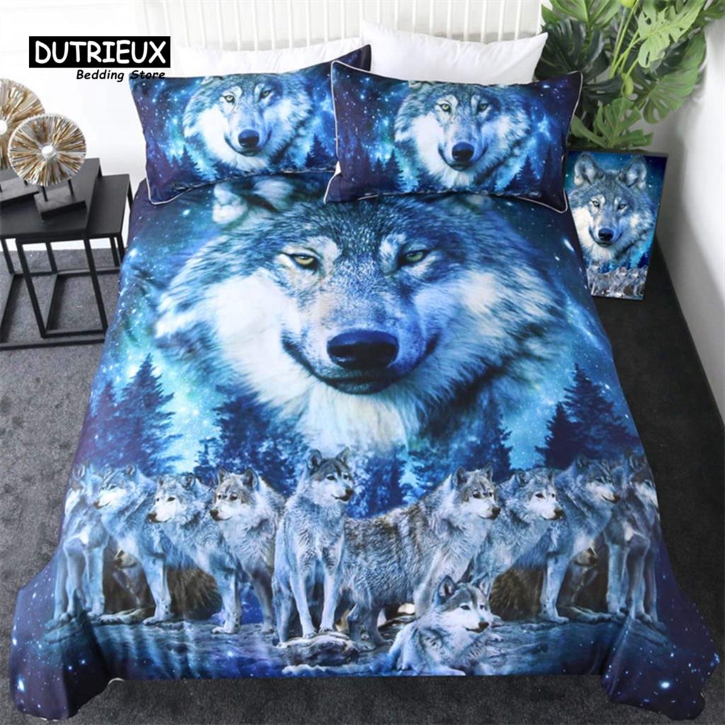 3D Wolf Space Duvet Cover Tiger Lion Animal Pattern Bedding Set Light And Dark Meet Wolf Moon Comforter Cover With Pillowcases