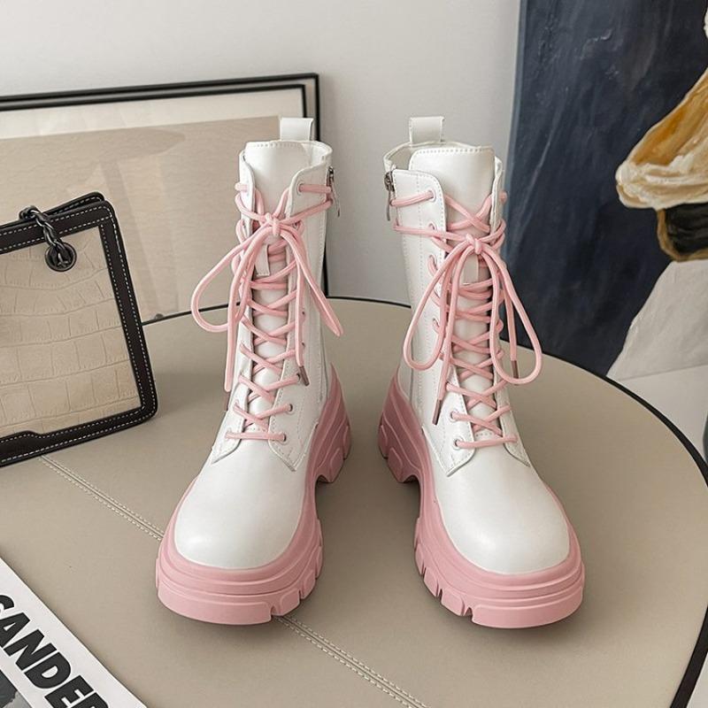 

Женские короткие ботинки на шнуровке в британском стиле, короткие мотоциклетные ботинки на толстой подошве, увеличивающие рост 39 белый