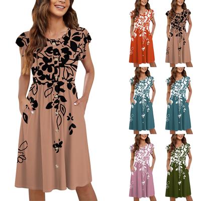Vestidos midi femininos com gola redonda e manga voadora casual estampada com botão solto e bolso