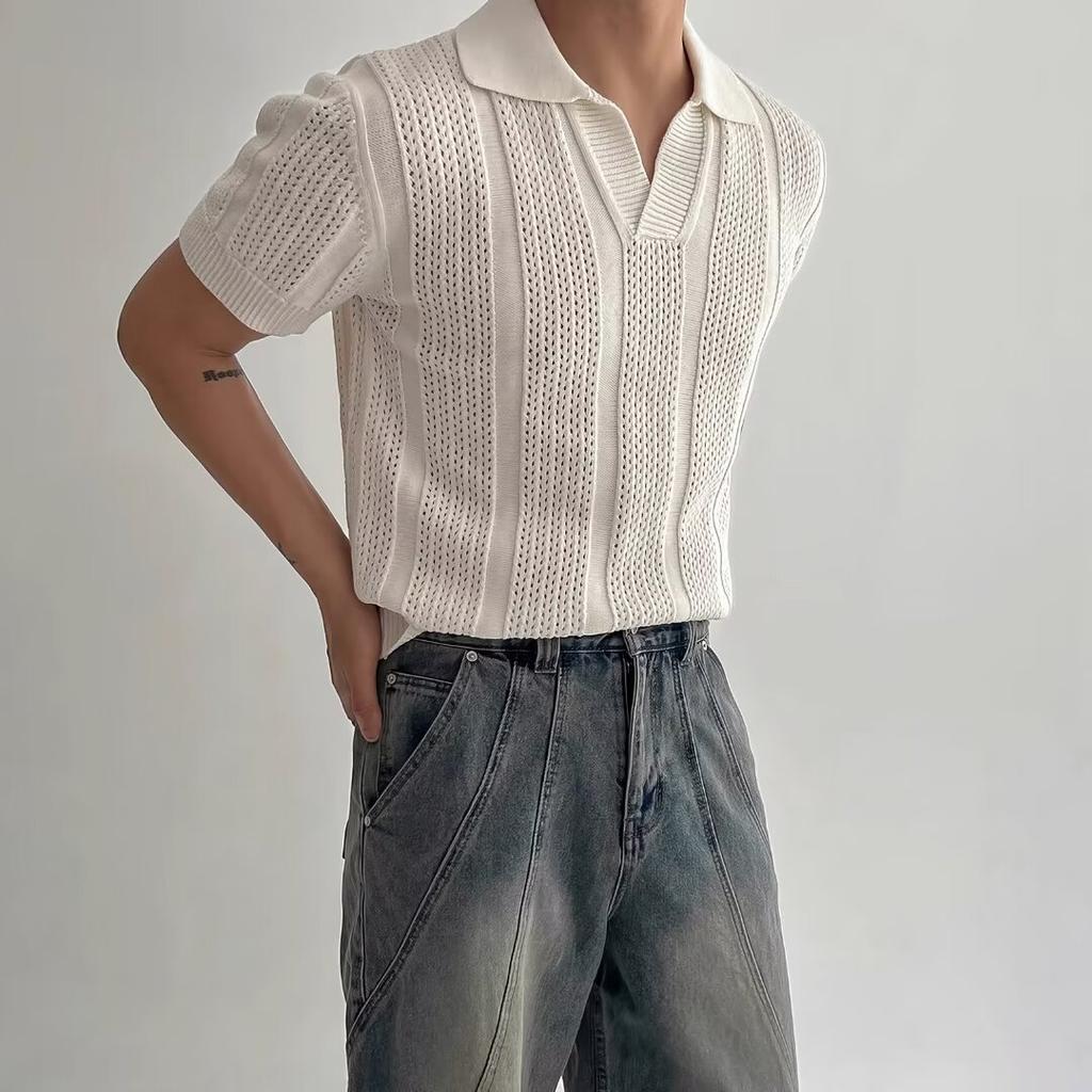 Hollow Mesh Texture Knitted Short-sleeved Polo Shirt T-shirt Men's Summer Korean Light Mature Style Top T-shirt