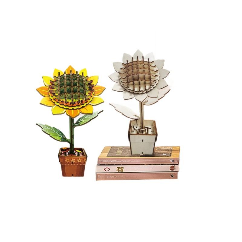 Wacocetoy Cross-Border 3D Sunflower Puzzle Wooden Diy Coloring Toy 2-In-1 Set Three-Dimensional Puzzle
