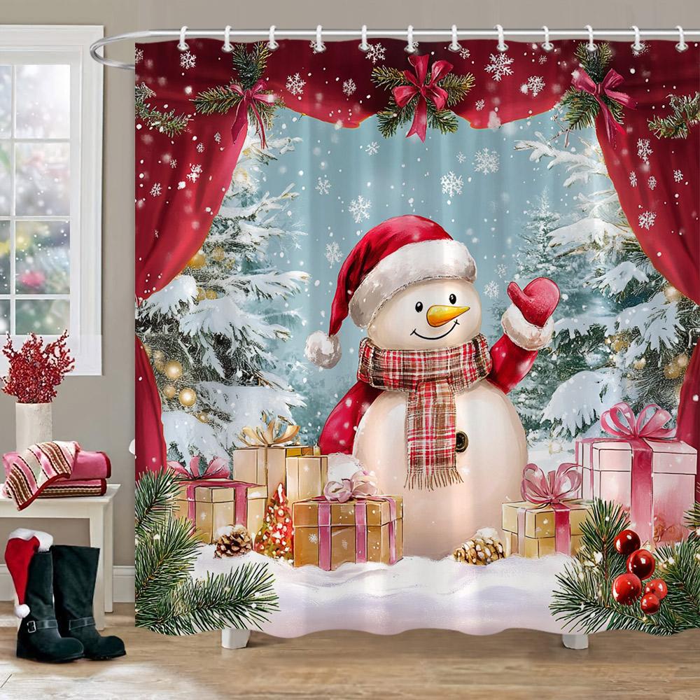 Christmas Snowman Shower Curtain Merry Santa Elf Deer Red Truck Polyester Fabric Printed Bath Curtains Bathroom Decor With Hoo