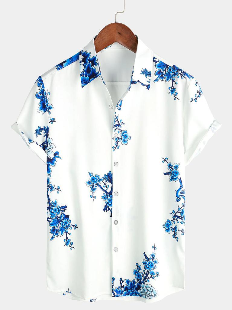 Herren Blau Floralprint Hawaiian Hemd mit Knöpfen Sommer Strand Lässig Kragen Kurzarmhemd Ropa Casual Para Hombres