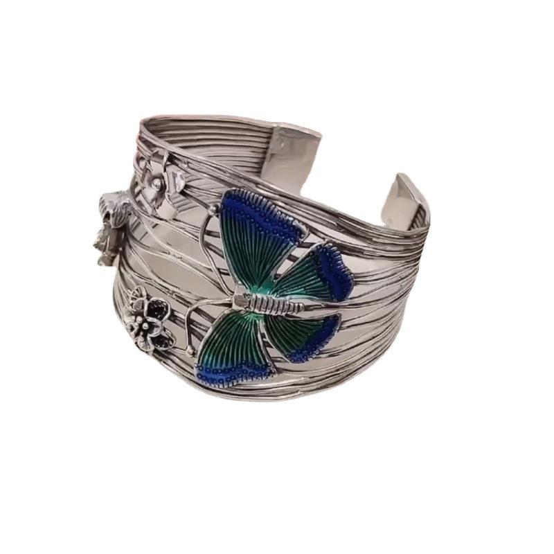 Zuyin 990 Butterfly Small Flower Burnt Blue Enamel Colorful Woven Bracelet for Women's Retro Ethnic Fashion Butterfly Love Flower Silver Bracelet