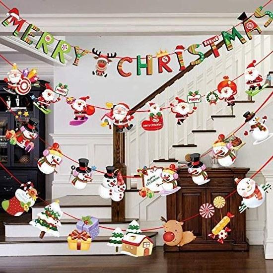 Christmas Decoration 7 Types Set Garland Cute Socks Tree Hanging Flag Banner Merry Paper Santa Claus Garden Long Colorful Izakaya Ceiling Wall Sign