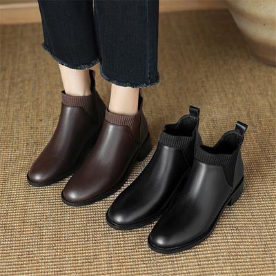 Modne Nowe Jesienno-Zimowe Damskie Buty Ankle Boots ze Skóry Dzielonej Modne Buty dla Kobiet Okrągły Nosek Grube Obcasy Buty Zapatos De Mujer