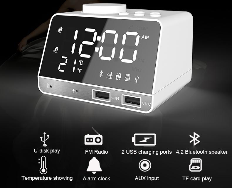 K11 Hotel Schlafzimmer Büro Schreibtisch Nachttisch Spiegel Bluetooth Lautsprecher UKW Radio USB Ladeanschlüsse Schlummer Wecker