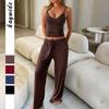Damen Zweiteiler Kreuz-V-Ausschnitt Trägertop Kordelzug Taille Weiter Bein Hose Einfarbig Loungewear