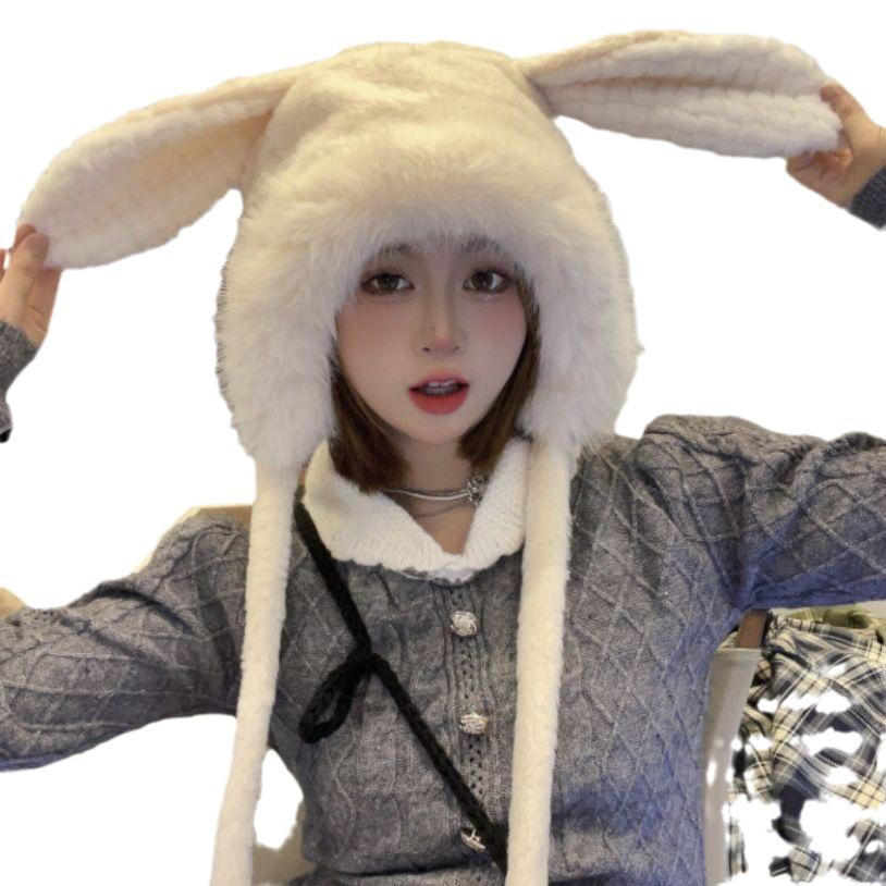 Cute Rabbit Ears Plush Hat Women'S Autumn And Winter Outdoor Riding Plush Warm Ear Protection Pullover Hat Shows Small Face