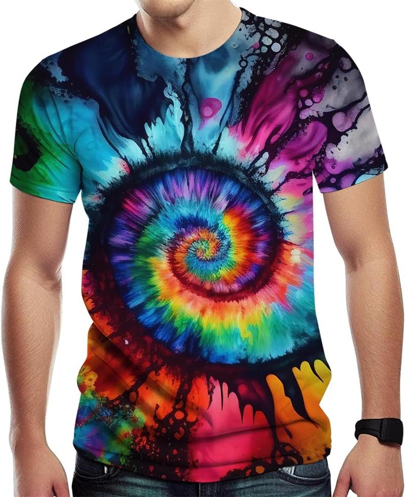 Gradient Tie Dye 3D Printed T-shirt with Fun Spiral Pattern and Comfortable Short Sleeved Tops for Summer Men's Hip-hop Street O-neck Clothing