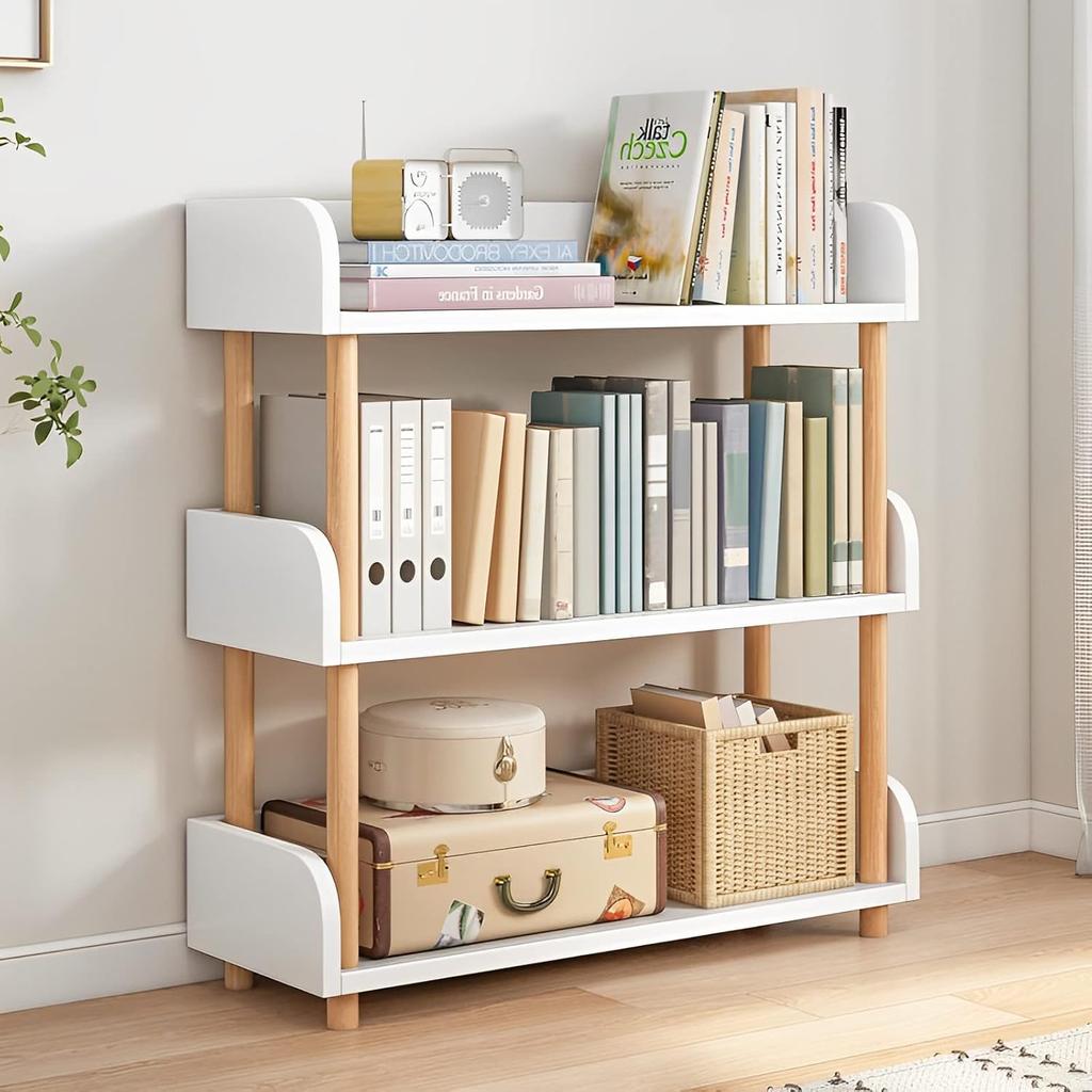 Wooden Open Bookcase - Modern Display Bookshelf with Top Edge and Solid Wood Frame for Home and Office, Storage Cabinet