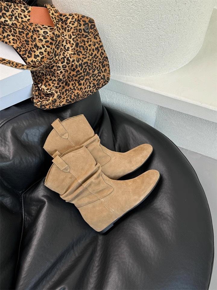 Sheepskin Version~ Korean Niche Round Head Inner Heightening Stacking Boots Western Cowboy Boots Women's Autumn and Winter Short Boots Thin Boots