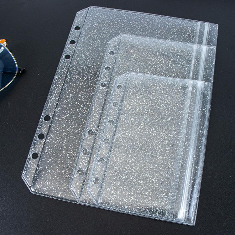 6 stuks A5/A6/A7 Ringbandhoezen Clear Glitter Cash Stuffing Enveloppen Plastic Ritszak PVC Bladbeschermers voor Budget Ringband
