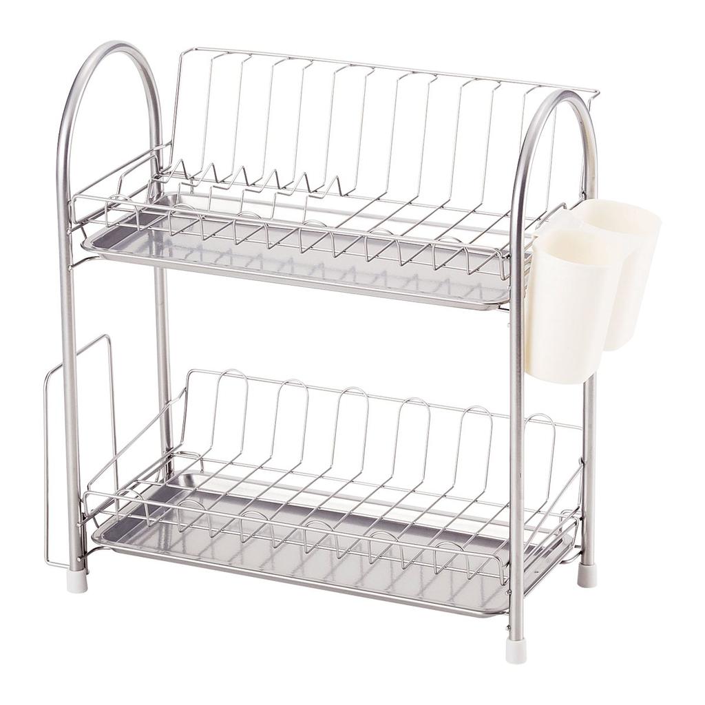 Wahei Freiz Iron Dish Drainer, Plonge, 2-Tier, Slim, Powder Coated, with Cutlery Pocket and Cutting Board Holder, PM-9016
