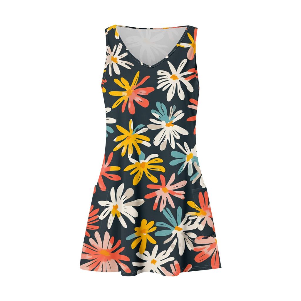 Dámské ležérní módní šaty s výstřihem do V, bez rukávů, s květinovým potiskem a boční kapsou