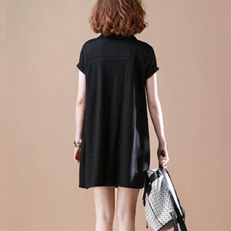 Koreanische lockere Kurzarmkleider Sommer Freizeit Peter Pan Kragen Damen Knopf Basic Gespleißtes einfarbiges Midikleid