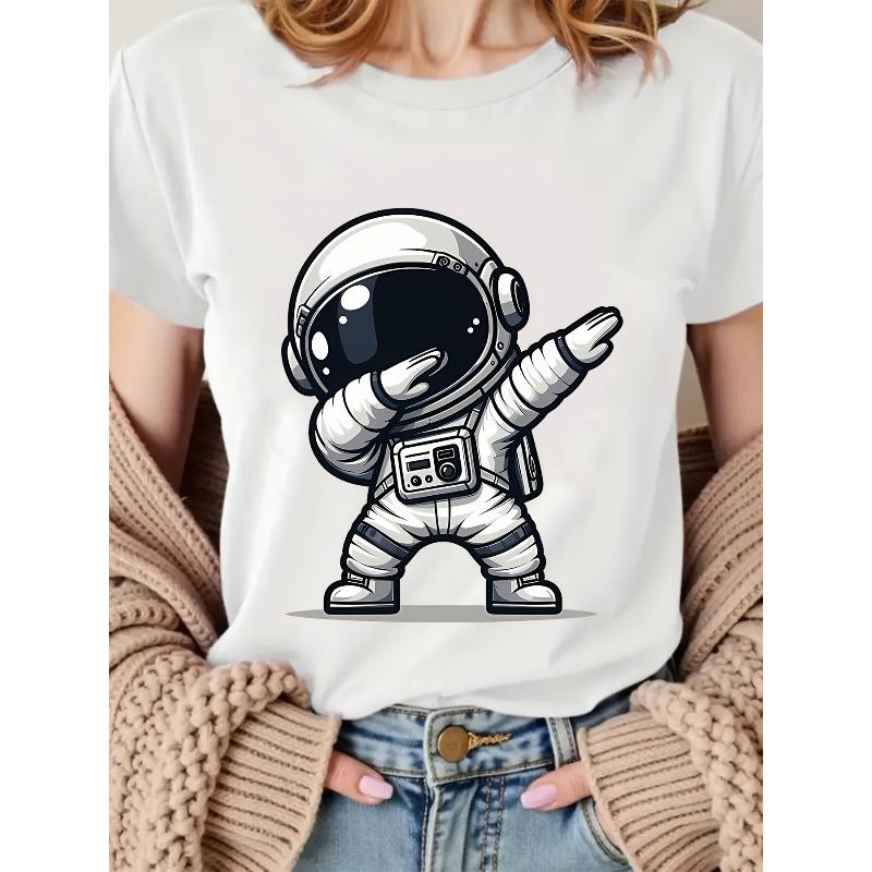 

European Size Astronaut Handprint Print T-Shirt Creative Design, Women s Round Neck Casual Sports All-Season Comfort T-Shirt, Holiday, Friend Giftme 4XL білий