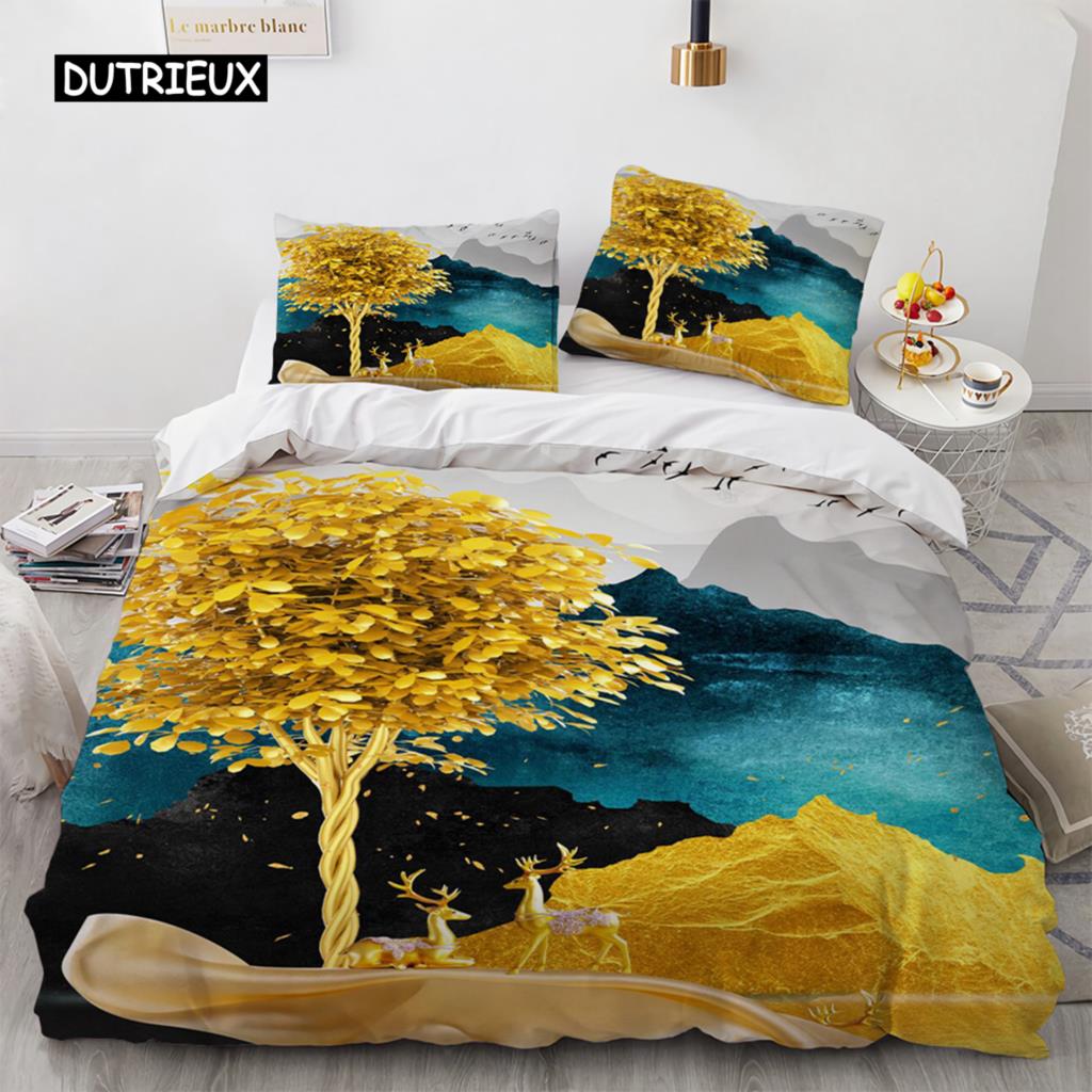 Kreskówkowy Poszwa na Kołdrę Rozmiar King Queen Wzór Złotego Jelenia Zestaw Pościeli dla Nastolatków Dorosłych Dziki Kozioł Poszwa na Kołdrę z Poszewką na Poduszkę