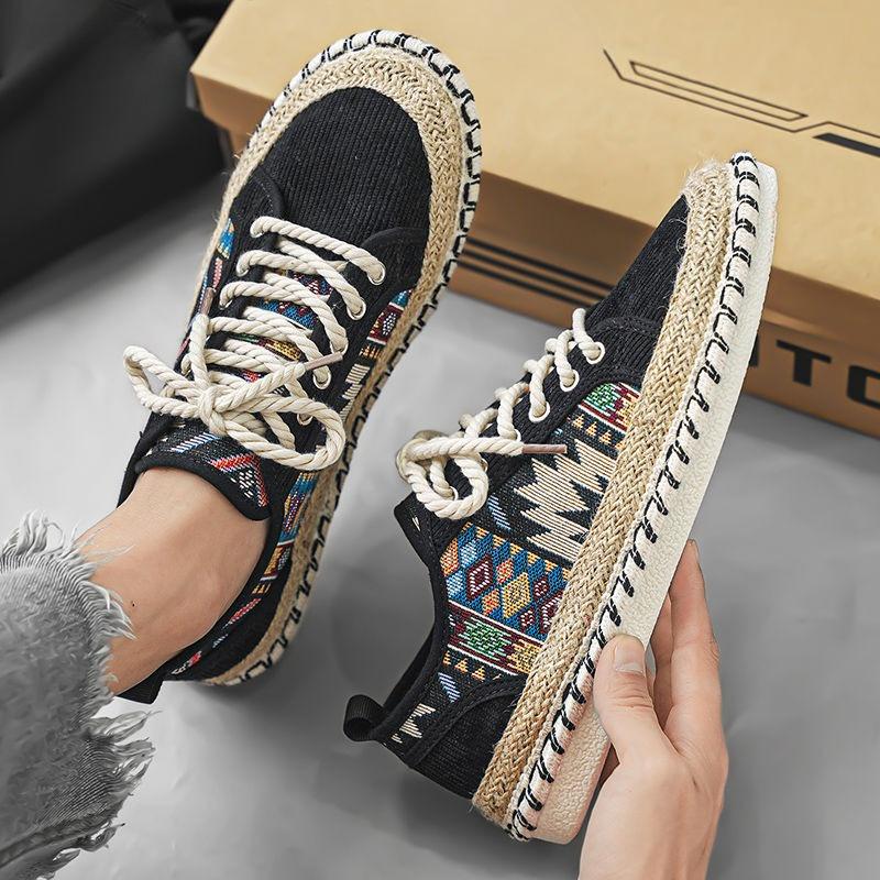Fashion Black Printing Retro Style Sneakers Flat Espadrilles Men's Casual Shoes Comfortable Breathable Elegant Without Leather Male Shoe