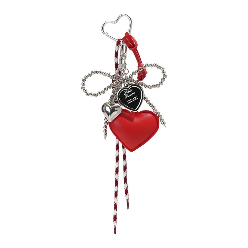 Gothic Silver Bead Bows Charm Heart Shaped Bag Accessory Fashion Bag Pendant Casual Keychain For Dark Style Lover