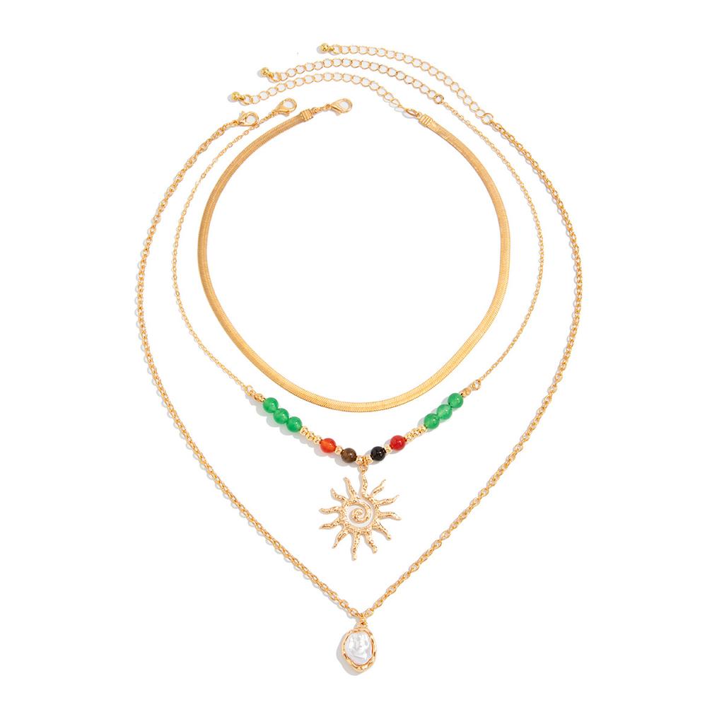 Personalized Agate Stone Beaded Sun Pendant Necklace, Baroque Imitation Pearl Snake Bone Chain Necklace