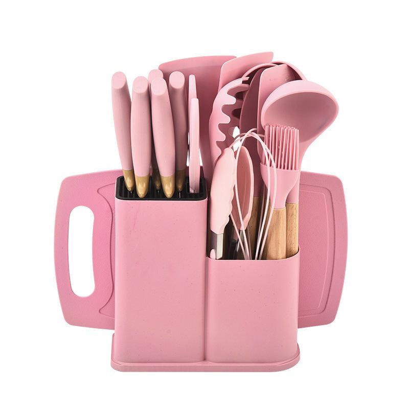 

Набор кухонных принадлежностей из термостойкого силикона с антипригарным покрытием, 19 предметов, ножи и инструменты в бамбуковом ящике для хранения, идеально подходит для легкой готовки розовый