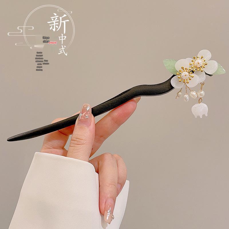 High-End Chinese Wooden Hairpin with Tassels – Ancient Style Ebony Faux for Women