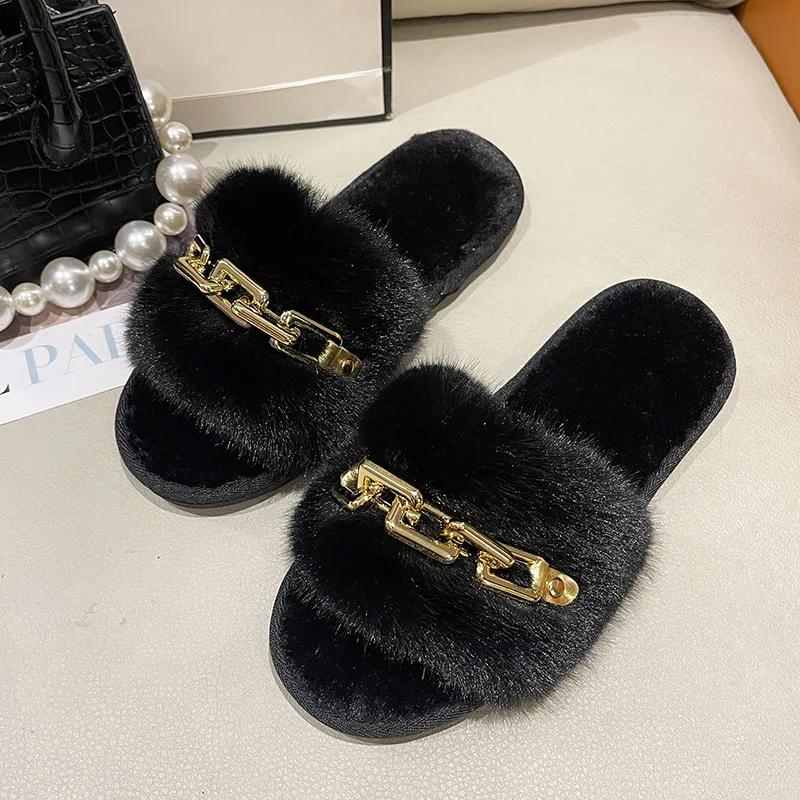 Fluffy Slippers Home Winter Casual Chain Designer Shoes Women 2024 Indoor Platform Plush Slides Girls Fashion Elegant Large Size