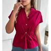Women's Loose Casual Solid Color Button Drawstring Short Sleeved Shirt Top Short Sleeved Shirt Top