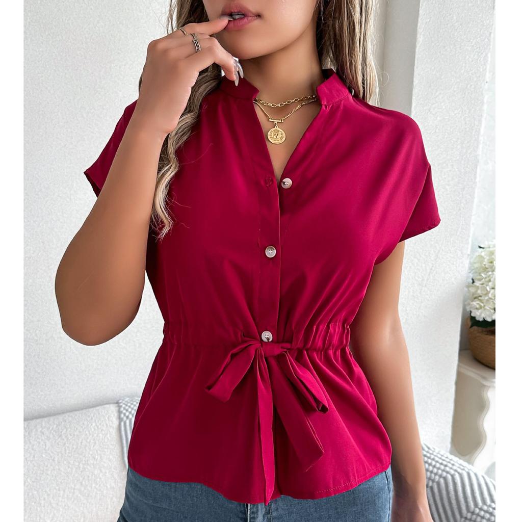 Women's Loose Casual Solid Color Button Drawstring Short Sleeved Shirt Top Short Sleeved Shirt Top