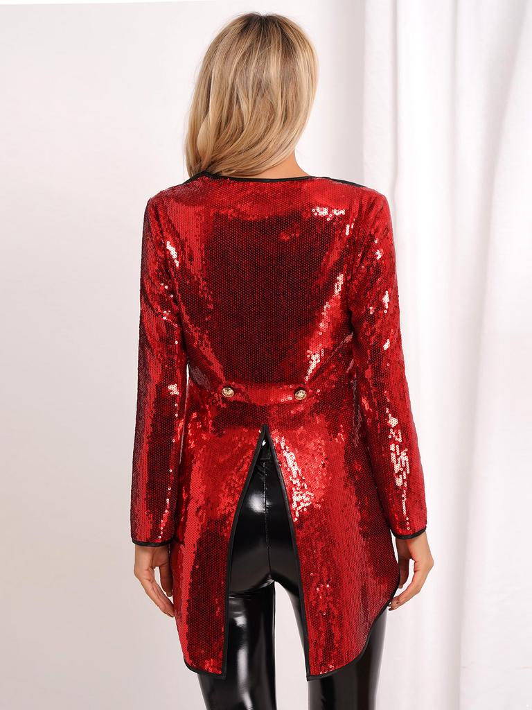 Womens Halloween Magician Dress Suit Circus Tailcoat Jacket Sparkle Sequin Blazers Tuxedo Outerwear Dress Up Costumes