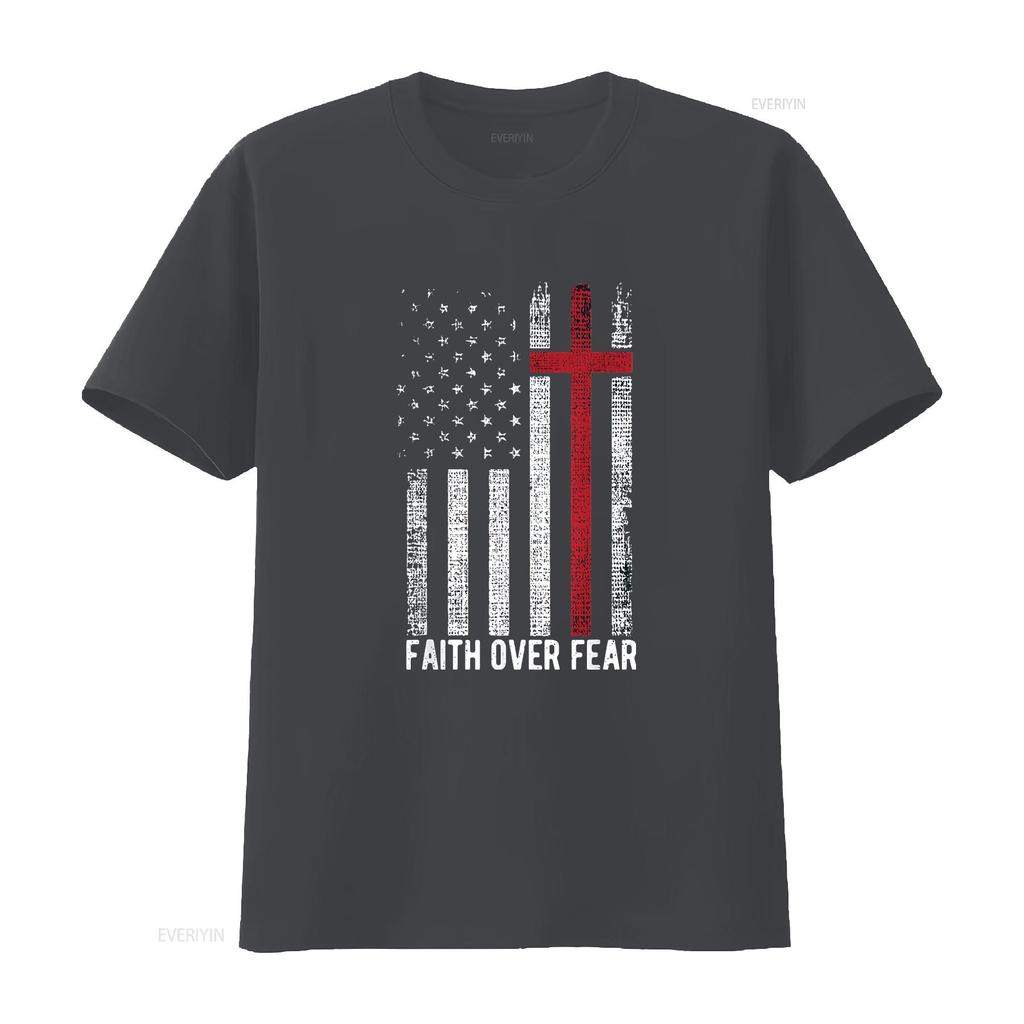 Womens Faith Over Fear American Usa Flag Christian Cross Jesus T Shirt Black 2XL vintage Washed Casual Top For Everyday Wear