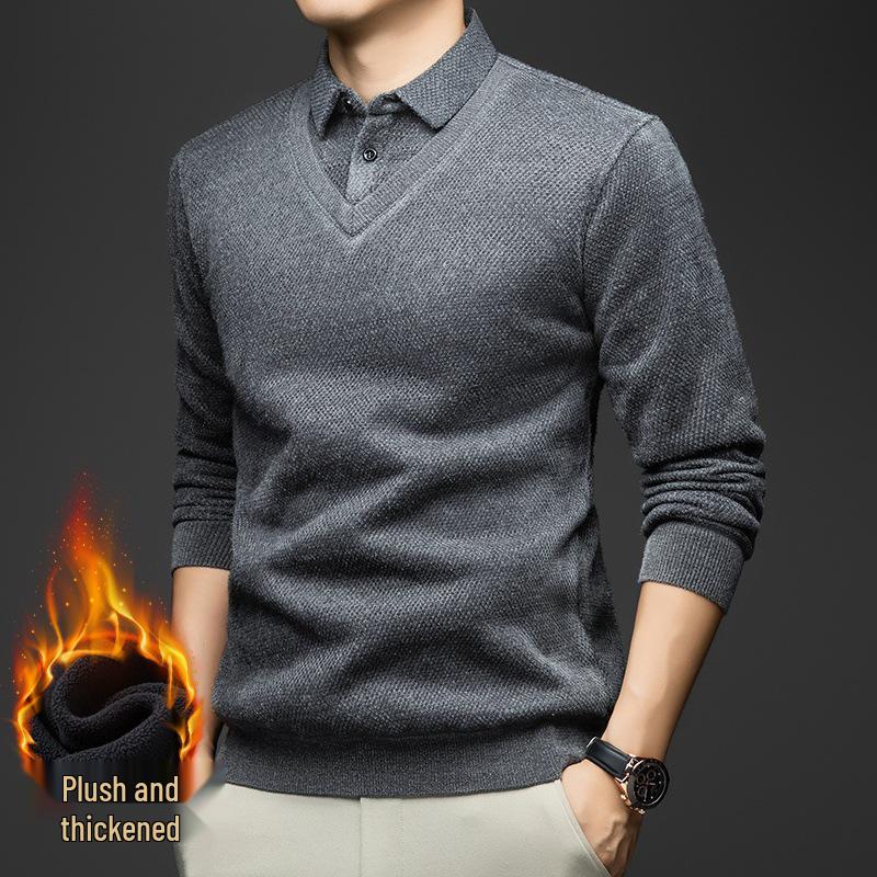 Men's Winter Knitwear Sweater: Thickened, Faux Two-Piece Design, Velvet-Lined, Long Sleeve with Shirt Collar.