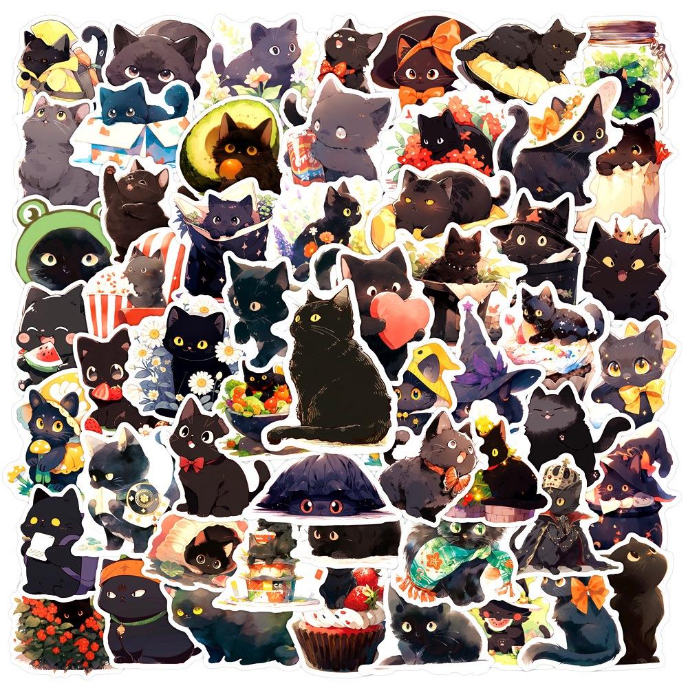 50 100Pcs Cute Black Cat Stickers Laptop Phone Case Notebook Scrapbooking Car Vinyl Waterproof Cartoon Cats Decal Kids Gift Toy