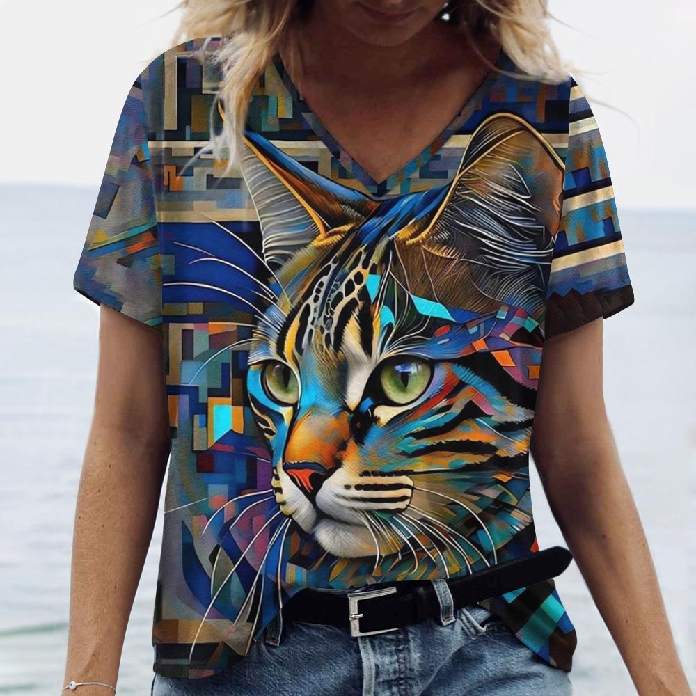 V Neck Tshirt Streetwear Y2k Clothes Women Summer Casual Oversize Dazzle Color Cats Print Shirt Short Sleeve Top Vintage Female