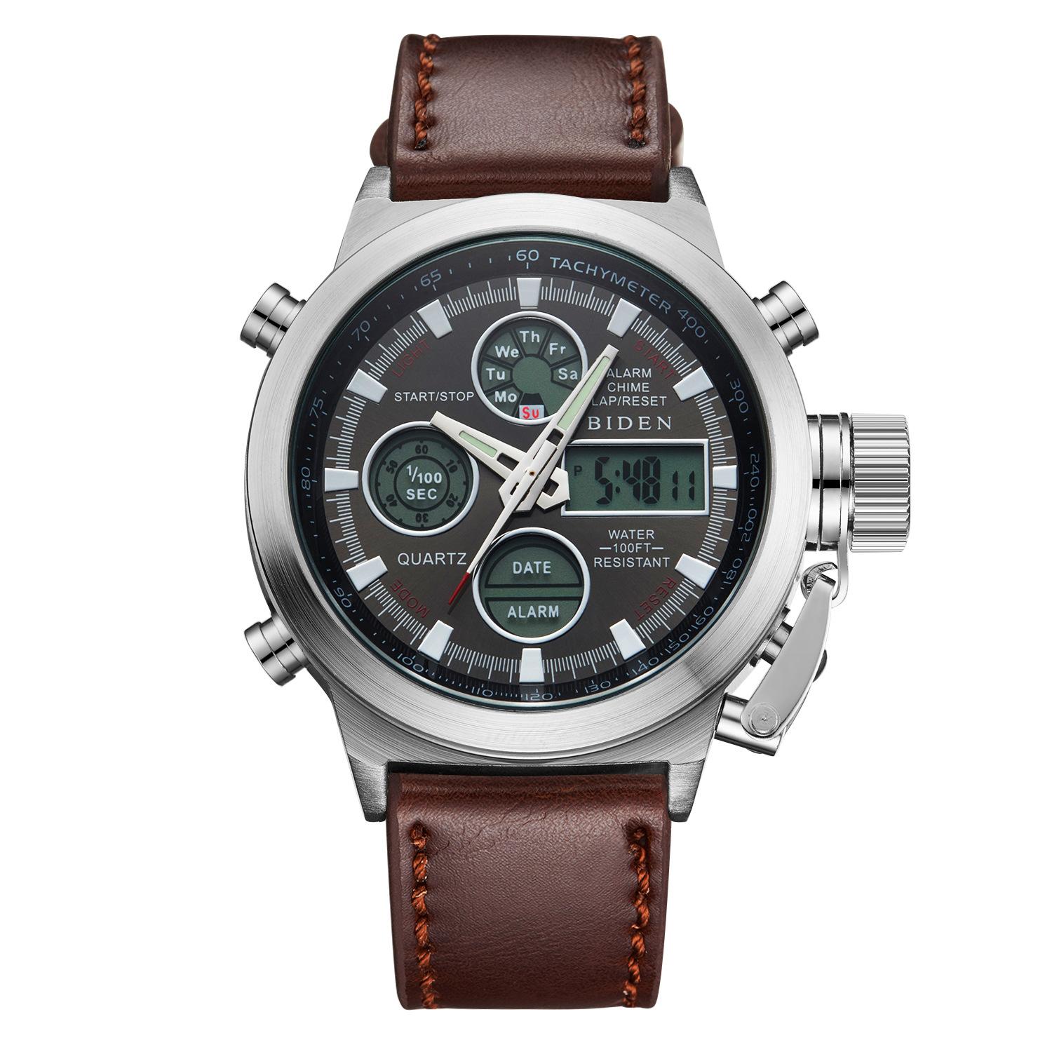 

Мужские высококачественные спортивные часы Biden, популярные кварцевые часы с двойным механизмом серебряный/коричневый