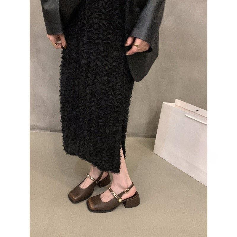 Black high heels bag head sandals women's shoes spring thick heel Mary Jane single shoes
