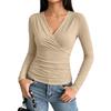 Women's Long Sleeve V-Neck Ruched Top Slim Fit Blouse for Casual Work Everyday Wear