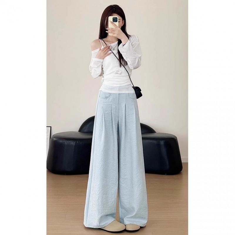 Womens High Waist Wide Leg Trousers Thin Ice Silk Loose Casual Pants