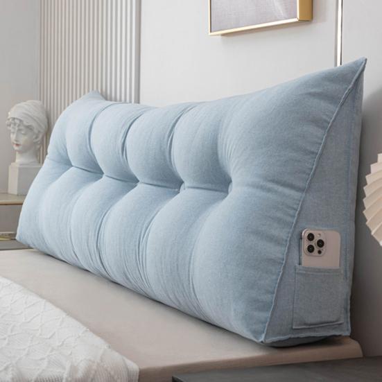 Headboard Pillow with Side Pocket Linen Triangular Headboard Wedge Cushion Bed Bolster Cushion for Shoulder Back Waist Support Dorm Home Bedroom