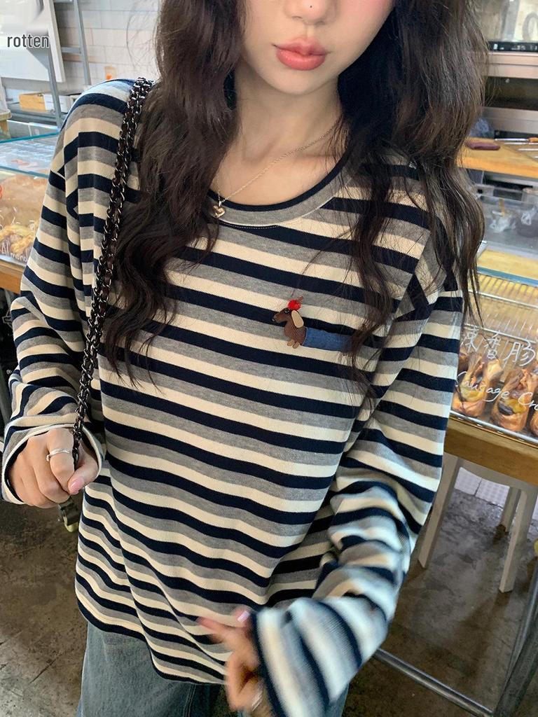 Japanese Style Sausage Dog Fabric Striped Long Sleeve Tee with Round Neck