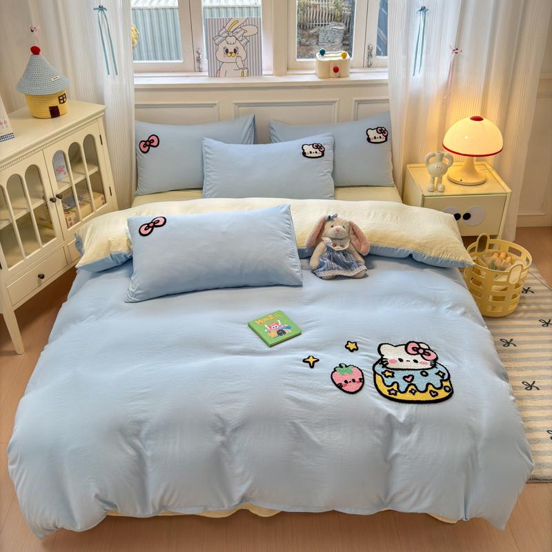 Cute Pink Cartoon Cat Towel Embroidery Girls Kids Bedding Set Soft Washed Cotton Duvet Covers Set Bed Sheet Pillowcases 3/4Pcs